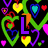 Pixelated icon with black background, green heart outlines, and scattered colorful hearts in yellow, blue, purple, red; large letters L, O, V, E form a word.