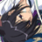 Pixelated anime-style character with dark hair and purple accents, wearing a black outfit against a blurred background.