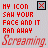Red pixelated text on light gray background with 'MY ICON' and 'Screaming.' in stylized font, each containing a small square icon with X symbol