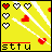 Yellow background with white streaks and red/white heart icons, text 'stfu' underlined in red at bottom.