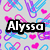 Pixelated pattern of pink, blue, and purple paperclips with small pink hearts on light gray background, overlaid with black text reading 'Alyssa loves her friends' in four segments.