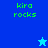 Pixelated green text 'kira rocks' on blue backgrounds with a small star icon in two positions.