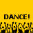 Yellow background with black text reading "DANCE! DANCE!" above a of pixelated figures with raised arms