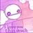 Pixelated character with white face, purple eyes, and pink hooded cloak against purple background.
