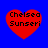 Four red heart shapes on a blue background, each containing black text reading "Chelsea Sunseri" in pixelated font.