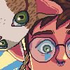 Pixel art of a character with brown hair, glasses, and a pink headband holding two green-eyed fish.