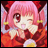 Pixelated anime-style character with pink hair and red eyes winking, wearing red and orange clothing with yellow accents, next to black background with white text.