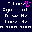 Dark blue background with white pixelated text reading "I Love Ryan but Dose He Love Me" and repeated question marks, plus a pink heart symbol replacing the 'o' in "Love".