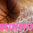 A basketball on a wooden court with a net, overlaid with the word 'BUNNO' in six different colors across two