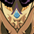 Static pixel art icon of a stylized face with purple hair, golden side elements, and a blue gem at the center on a brown background.