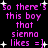 Pixelated text in pink and white on black background with repeated phrases about a boy who likes sienna, surrounded by small star shapes.