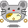Pixelated gray mouse with brown and white face, red nose, black eyes, and four golden coins on a light gray background.