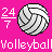Pixelated volleyball icon with pink background, white text '24/7' and 'volleyball', static image.
