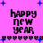 Pixelated 'happy new year' text on pink background with blue stars and heart borders, animated with heart border changes.