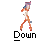 Pixelated static icon of a stylized figure in motion with the word "Down" below, on gray background.