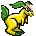 Pixelated yellow creature with green leafy appendages, purple eyes, and a small horn-like protrusion on its head.