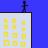 A 4x4 contact sheet of animated frames showing a cityscape with buildings, a stick figure on top of one building, and repeated red text elements against a blue background.
