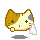 Pixelated cat head with brown and cream fur, black cross eyes, and a small pink mouth, shown in four variations with sweat drops and shadow changes.