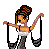Pixel art image of a woman holding fabric with text reading "In My Dreams I Rule The World" in blocky font.