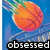 Pixelated basketballs with green trails on blue background, text 'obsessed', 'with', 'basketball' in black bars.
