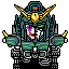 Pixel art of a mecha with teal armor, yellow wing-like headpieces, and green chest stripes; one version shows closed eyes while the other has open eyes.