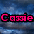 Pixelated text 'Cassie' in bright pink with black outline on blue gradient background.
