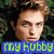 Pixelated image of a person with light brown hair and fair skin, wearing a blue shirt, with green foliage in the background and a blue banner reading 'my hubby' in green text.