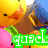 Pixelated cartoon duck with orange beak and black eye, brown body, green wing detail, yellow background, blue sky, pink shape below; 'quack' text in bright green block letters. Animated version shows repeated mouth opening/closing motion.