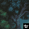 Pixel art of a dark forest scene with blue-green foliage and twisted tree trunks against a black background, featuring a white cross symbol in the bottom-right corner.