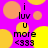 A vibrant purple background with overlapping yellow and orange circles, featuring repeated text elements 'i luv u more <333' in black pixelated font.