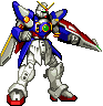 Four pixelated mecha robot poses with blue, red, white, and green color scheme against gray background.