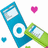 Pixelated image of two iPods with heart symbols and text on blue