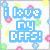 Pixelated icon with four distinct sections: top-left blue text "i love ny OFFS!", top-right green names, bottom-left pink polka dots with yellow text, and empty gray section.