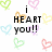 Pixelated text reads 'i HEART you!!' and 'but the sad thing is that you don't even know :< /s' over a white background with scattered colorful heart outlines.