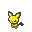 Pixelated yellow creature with black-tipped ears, red cheek circles, and dark gray limbs against a light gray background.