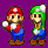 Two pixelated characters stand side-by-side against a solid purple background, one in red cap and blue overalls holding a white object, the other in green cap with long hair.
