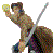 Pixelated figure in dynamic pose holding glowing yellow object, wielding long silver sword-like weapon against gray background.