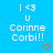 Blue background with repeated white text "I <3 U Corinne Corbi!!" and orange pixelated hearts, one heart per