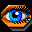 Pixelated eye icon with blue iris and black pupil, showing animation frames of blinking and partial closure against a dark background.