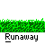 Animated sequence showing a yellow-shirted figure mowing grass while black figures flee, with text labels changing between 'Runaway' and 'Mower!' on green grass strips.