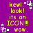 Purple background with yellow text reading 'kewl. look! its an ICON!!! wow.' and white square pixel art elements scattered around the edges.