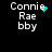 Pixelated text 'Connie Rae bby' with cyan dots animating near the 'e' in 'Connie'