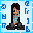 Pixel art buddy icon featuring a cartoon character with long black hair and blue eyes, wearing light blue pajamas, standing against a light blue background with white dots and surrounded by blue pixelated symbols.