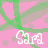 Pink background with green curved lines and small gray stars, displaying the name 'Sara' in white text with a heart-shaped outline that animates to show green fill.