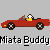 Pixel art of a red convertible car with two figures inside, one driving and one in the passenger seat, on a gray background with text below.