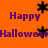 Orange background with purple text and black starbursts; text repeats 'Happy Halloween' in two with starbursts scattered throughout