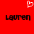 Red background with white pixelated heart symbol above two black pixelated 'lauren' texts.
