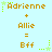 Pixelated text displays 'Adrienne + Allie = Bff' with green star accents on a light blue background, showing animation changes in star positions.