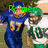 Two football players in blue and green uniforms with visible numbers 57 and 10, overlaid with green text reading 'Polmer', 'Panther', and 'Football' across different frames.