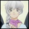 Anime-style character with silver braided hair and purple scarf in light blue top, showing multiple facial expressions